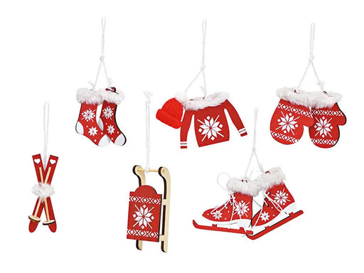 6x Holzanhänger inklusive Band bzw. 10 Einzelteile (teilweise sind 2 Stück zu einem Anhänger verbunden), Weihnachtshänger Set, Schlitten, Schlittschuhe, Skier und Zubehör 6-10 cm, Material: Holz /Farbe: rot/weiß /