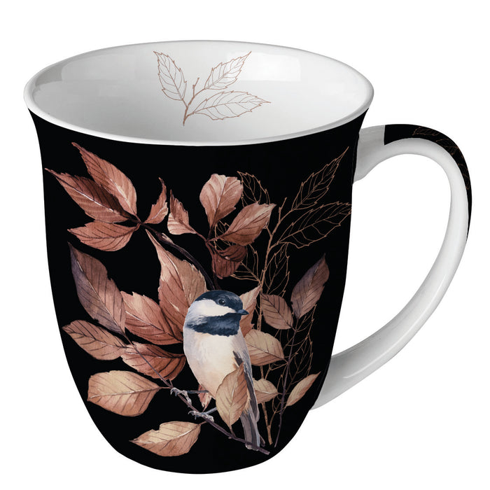 Kaffeetasse, Edel. Elegant, herbstlich, Herbst, Kohlmeise auf einem Buchenzweig, Teetasse