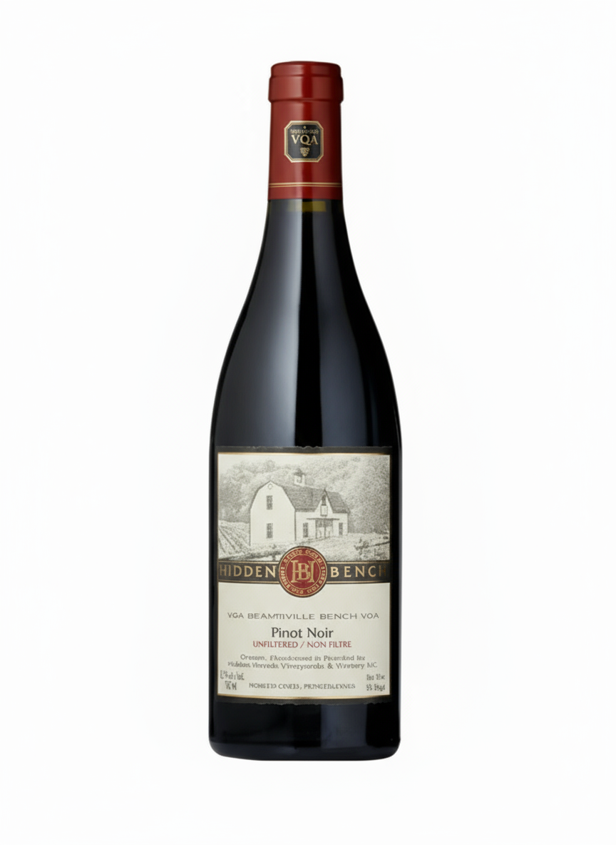 Das renommierte Hidden Bench Estate Winery liegt im Herzen der malerischen Beamsville Bench  .In der Nase findet man Noten von reifen Kirschen und Himbeeren, während sich am Gaumen die dunkle Kirsche und Pflaumenaromen ausbreiten. Die Fruchtaromen sind gepaart von erdigen, salzigen Noten mit einem Hauch von Lakritze und Gewürzen mit 